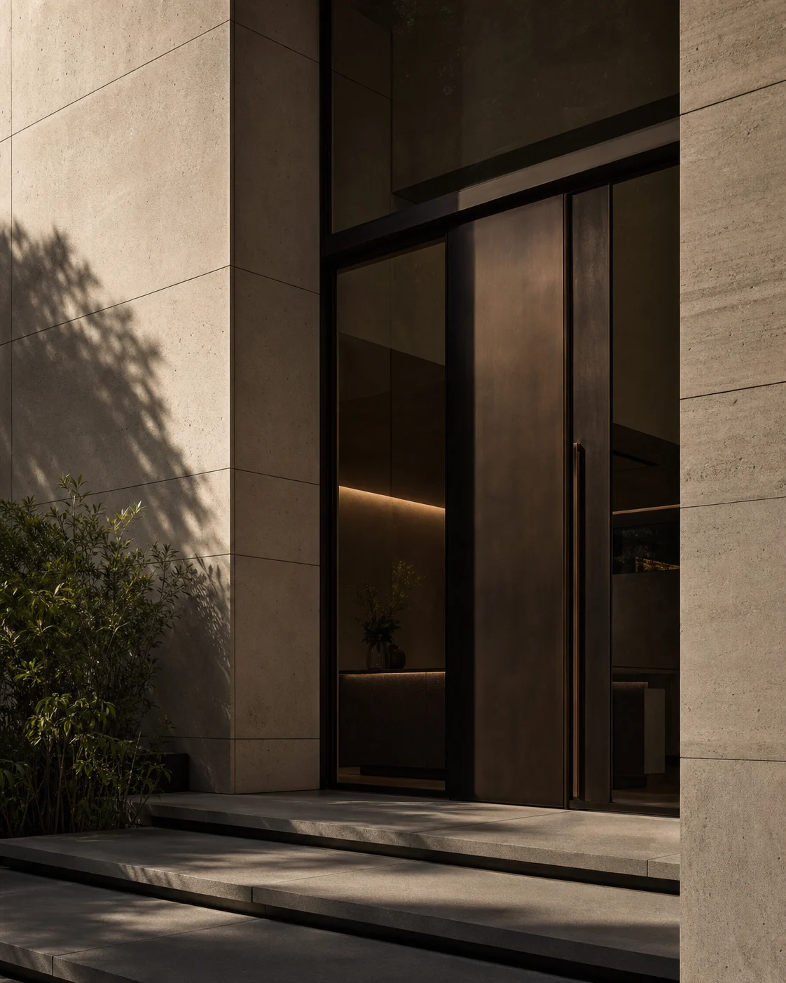 Entrada de um escritório contemporâneo com pedra e portas de bronze