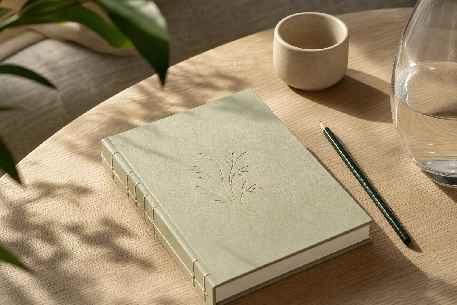 Caderno verde e lápis sobre mesa de madeira iluminada pelo sol